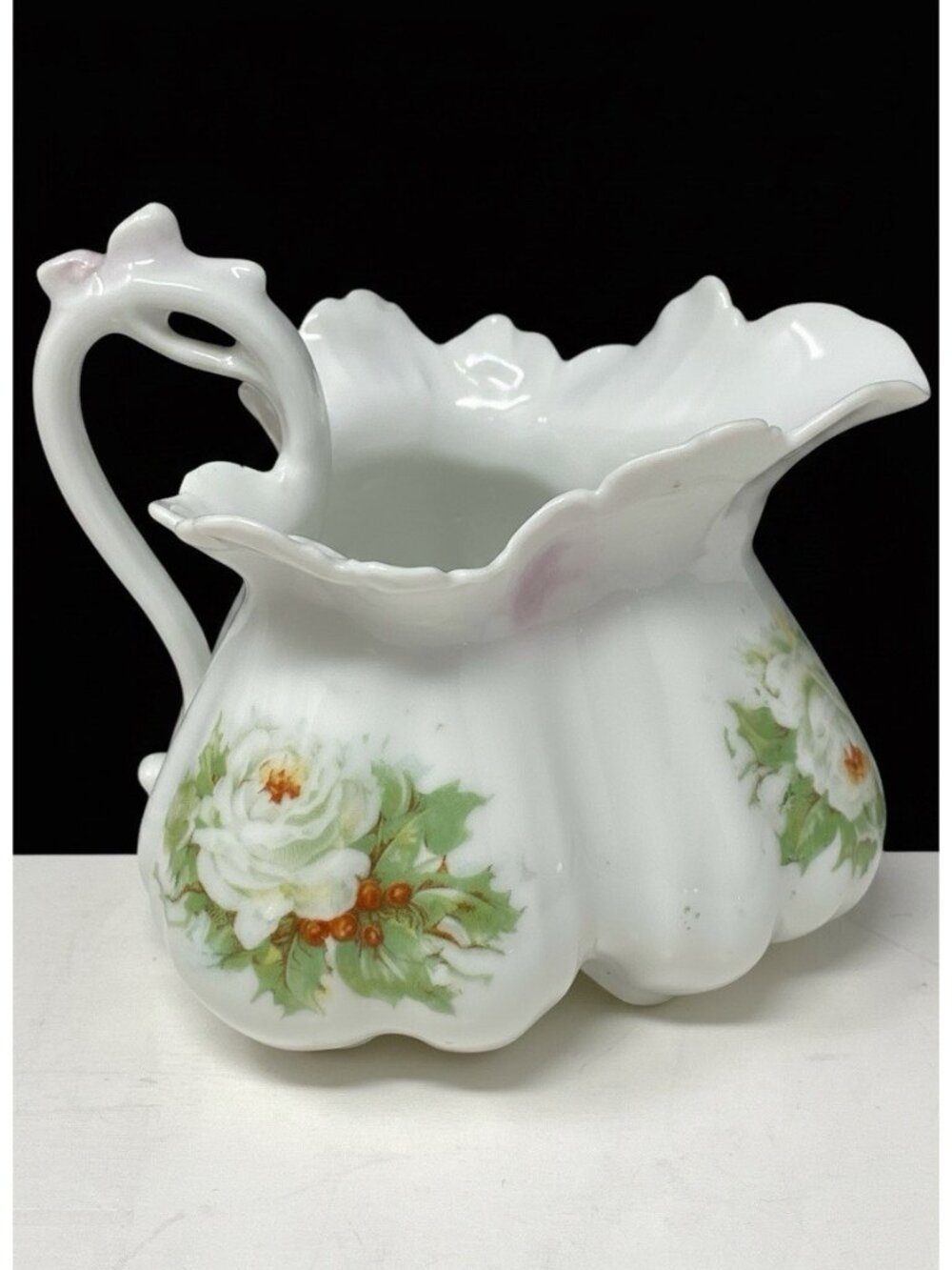Vintage RS Germany White Porcelain Creamer Pitcher Cabbage Rose Scalloped Rim